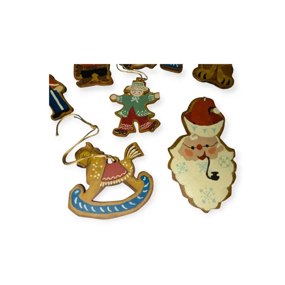 Vintage 1970s Hand Painted Flat Hard Board Christmas Ornaments Set of 8